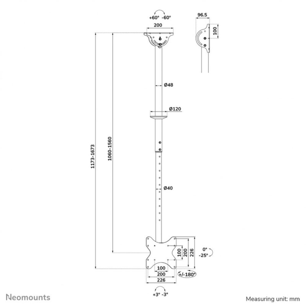 Neomounts - CL35-340BL12 Soporte de techo para monitor/TV 23-42" - alt. 106-156 cm