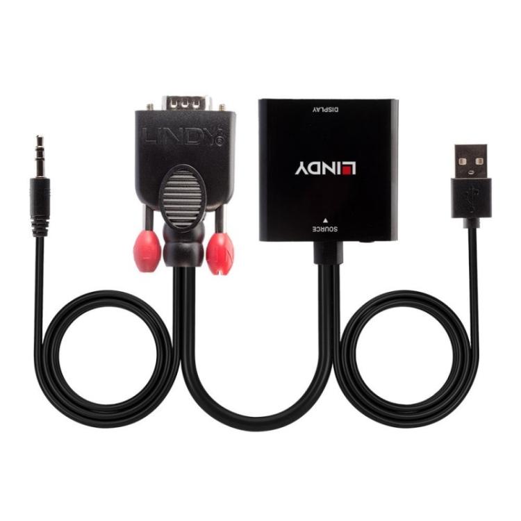 Lindy - 38284 adaptador de cable de vídeo VGA (D-Sub) + 3,5mm HDMI + USB Negro