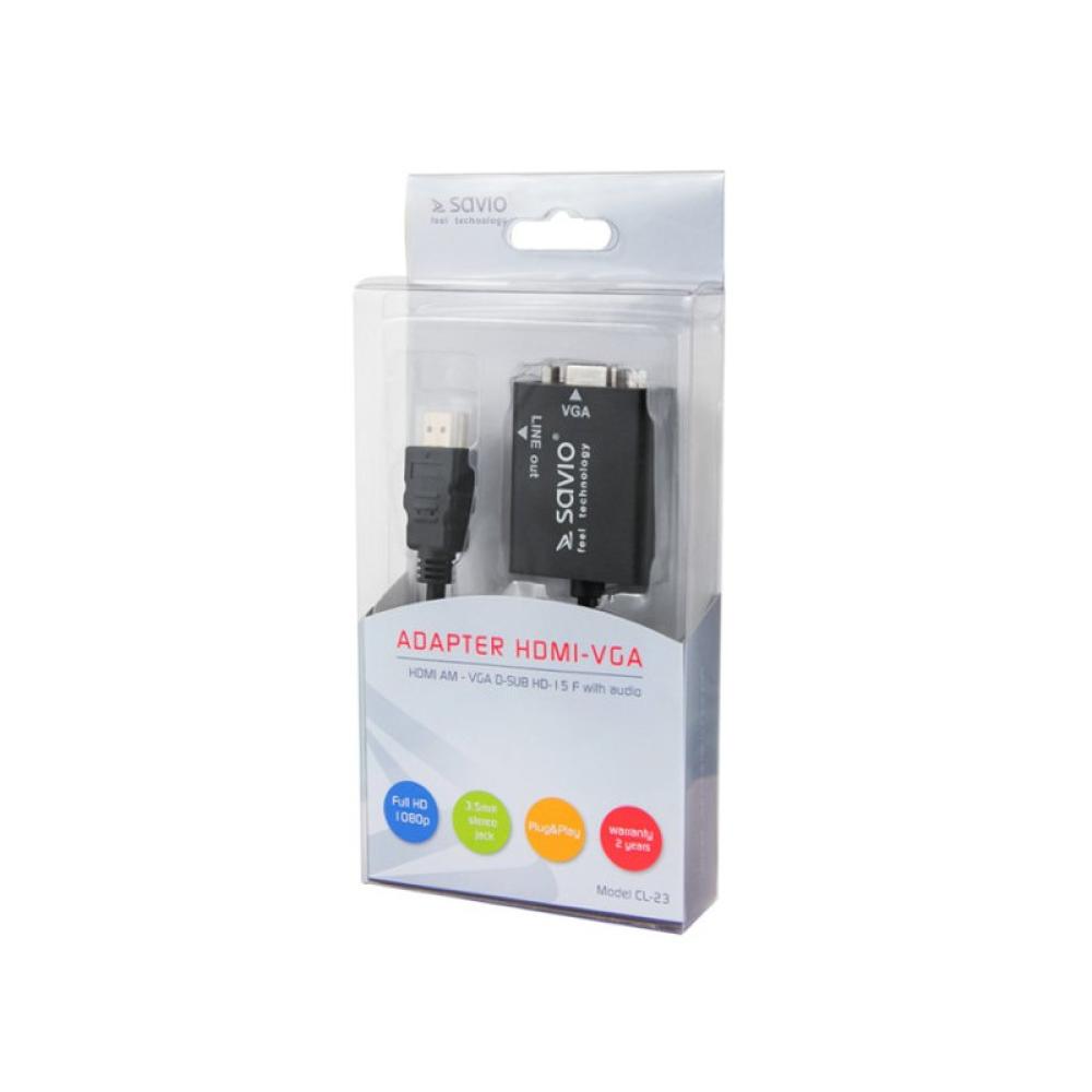 Savio - CL-23 adaptador de cable de vídeo 0,5 m VGA (D-Sub) HDMI tipo A (Estándar) Negro