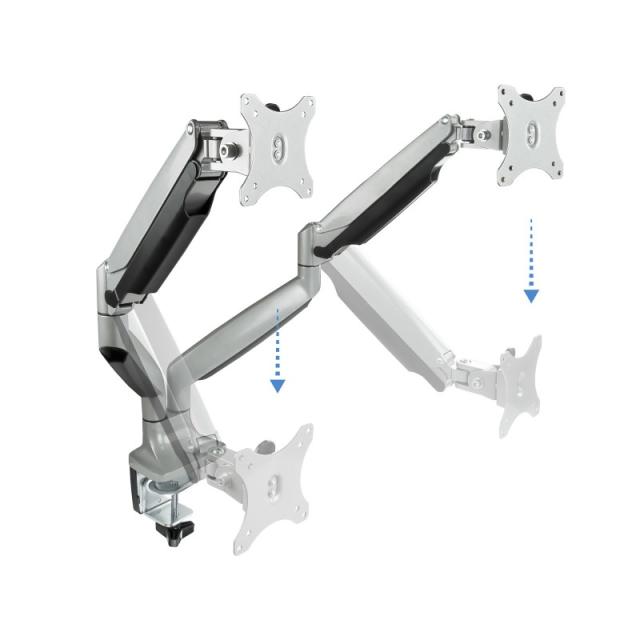 TooQ - Soporte de Mesa Giratorio e Inclinable para 2 Pantallas (Monitor / TV Plasma / LCD / LED) 13” – 32”, de Dos Brazos, Plata