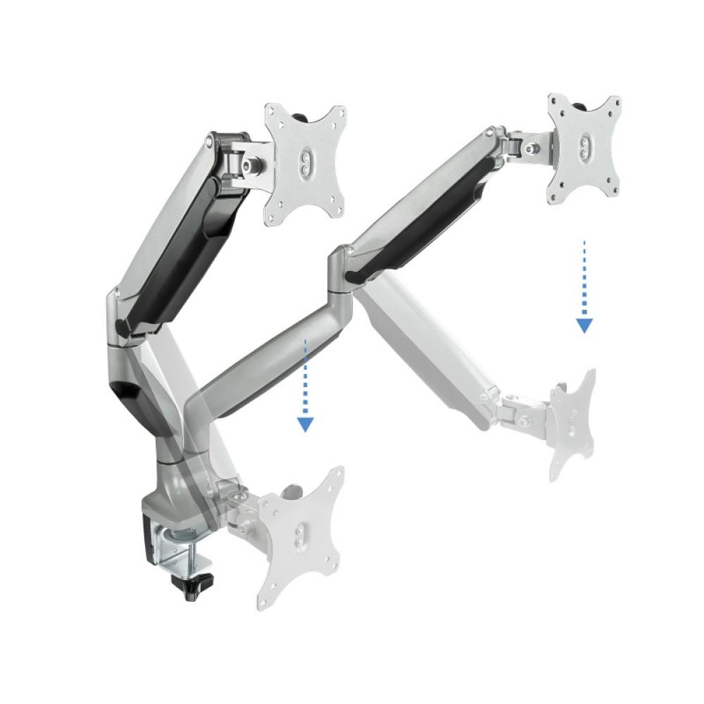 TooQ - Soporte de Mesa Giratorio e Inclinable para 2 Pantallas (Monitor / TV Plasma / LCD / LED) 13” – 32”, de Dos Brazos, Plata