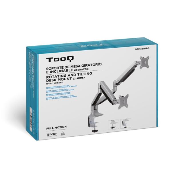 TooQ - Soporte de Mesa Giratorio e Inclinable para 2 Pantallas (Monitor / TV Plasma / LCD / LED) 13” – 32”, de Dos Brazos, Plata
