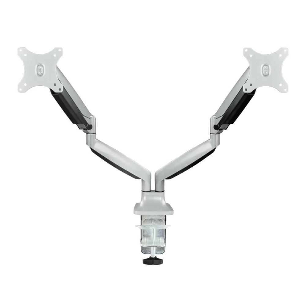 TooQ - Soporte de Mesa Giratorio e Inclinable para 2 Pantallas (Monitor / TV Plasma / LCD / LED) 13” – 32”, de Dos Brazos, Plata