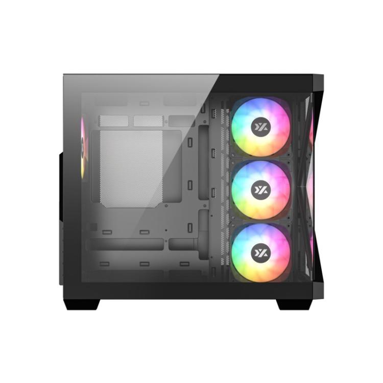 XYZ - QUBEX, TORRE GAMING,DUAL CHAMBER, 4x VENTILADORES, A-RGB, MESH DUAL ,BTF, TYPO C, ATX, NEGRA