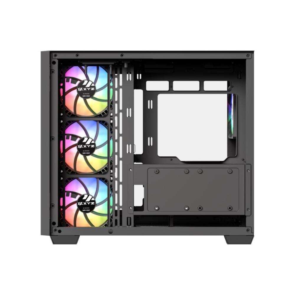 XYZ - QUBEX, TORRE GAMING,DUAL CHAMBER, 4x VENTILADORES, A-RGB, MESH DUAL ,BTF, TYPO C, ATX, NEGRA