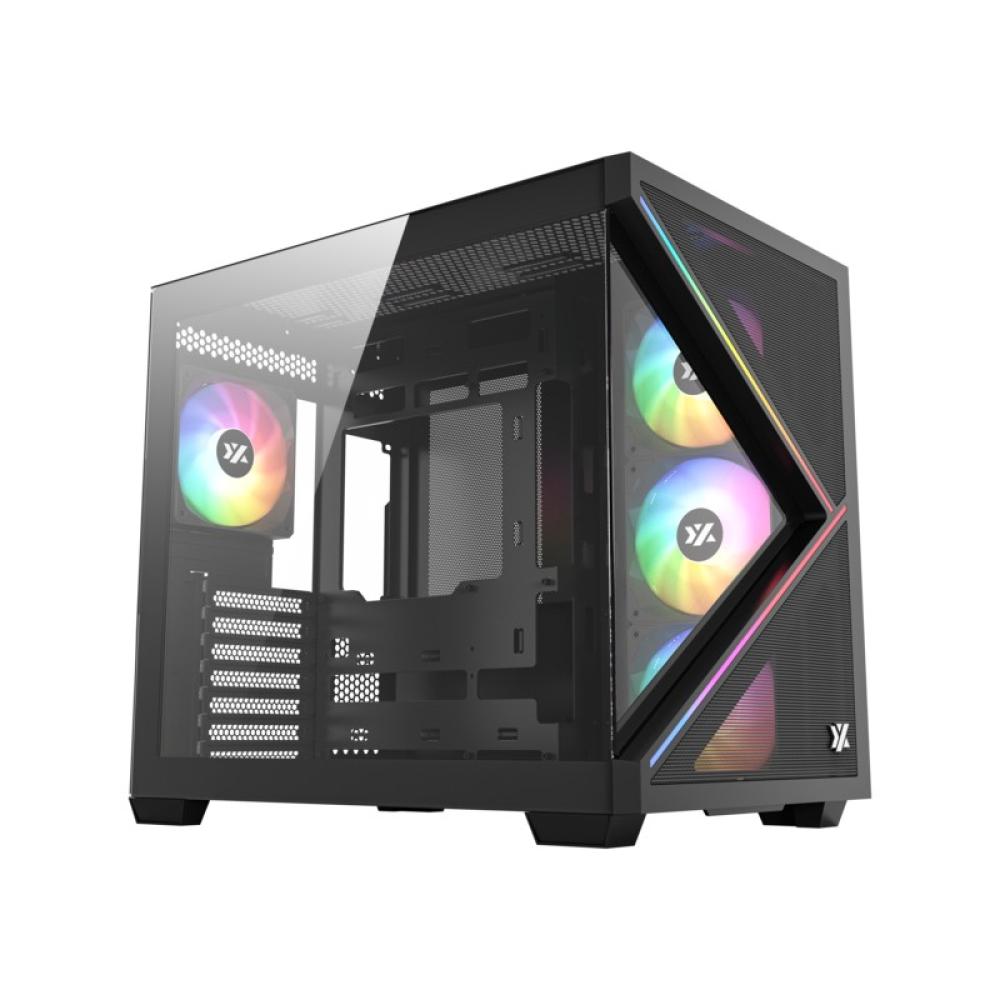 XYZ - QUBEX, TORRE GAMING,DUAL CHAMBER, 4x VENTILADORES, A-RGB, MESH DUAL ,BTF, TYPO C, ATX, NEGRA
