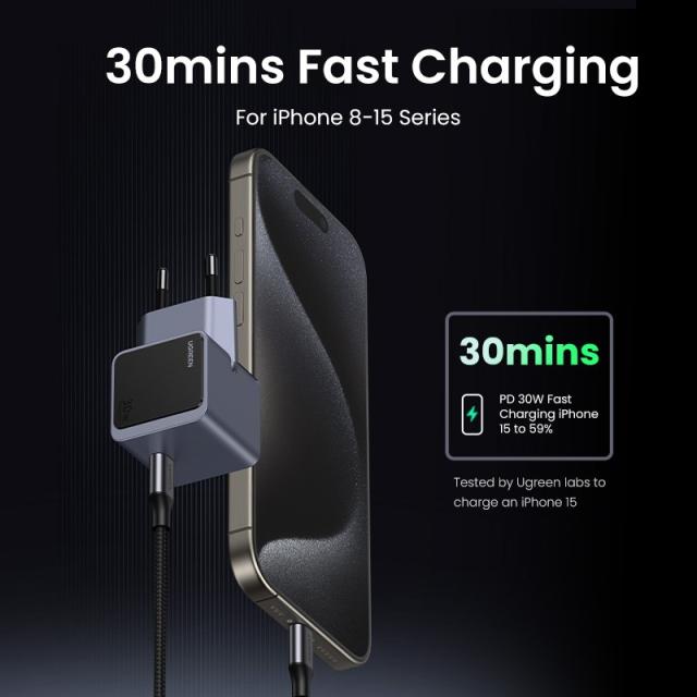 Ugreen - Nexode S 30W USB-C GaN Fast Charger EU gray Teléfono móvil, Batería portátil, Teléfono Gris Corriente alterna Interior