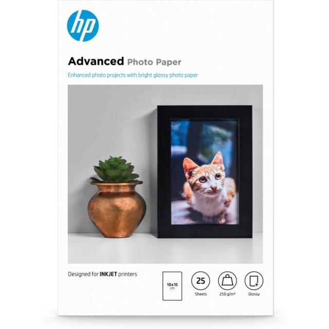 HP - Papel fotográfico Advanced, brillante, 250 g/m2, 10 x 15 cm (101 x 152 mm), 25 hojas