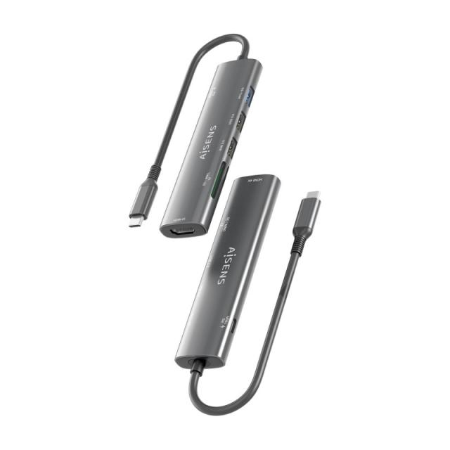 AISENS - USB-C Dock 7 en 1, USB-C A, 1x HDMI, 2x USB-A USB2.0, 1x USB-A USB3.0, 1x USB-C PD 100W, 1x SD, 1x MicroSD, Gris, 15cm