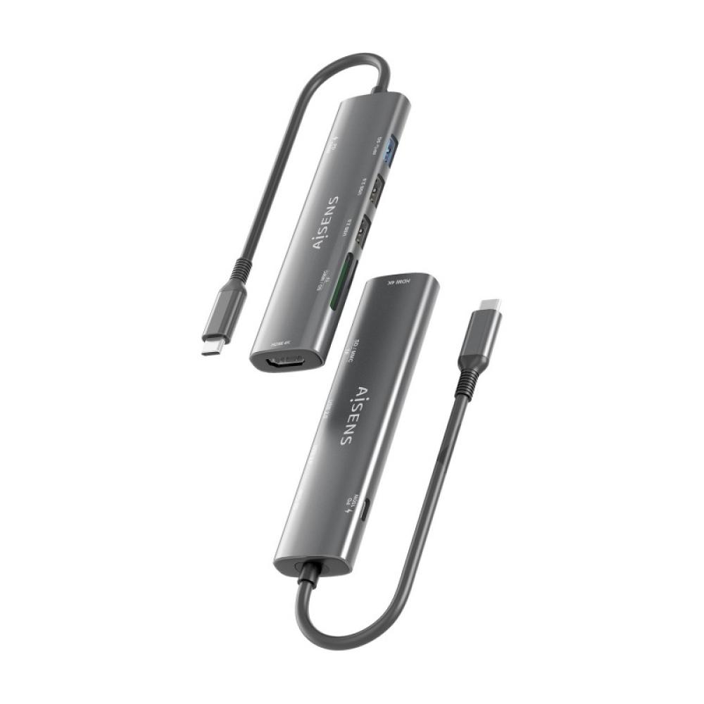 AISENS - USB-C Dock 7 en 1, USB-C A, 1x HDMI, 2x USB-A USB2.0, 1x USB-A USB3.0, 1x USB-C PD 100W, 1x SD, 1x MicroSD, Gris, 15cm