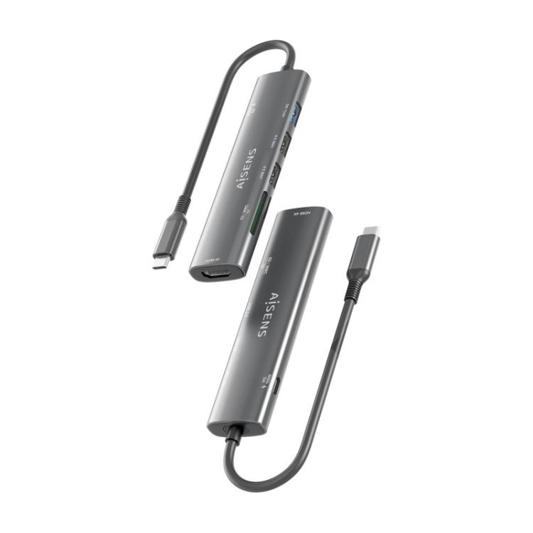 AISENS - USB-C Dock 7 en 1, USB-C A, 1x HDMI, 2x USB-A USB2.0, 1x USB-A USB3.0, 1x USB-C PD 100W, 1x SD, 1x MicroSD, Gris, 15cm