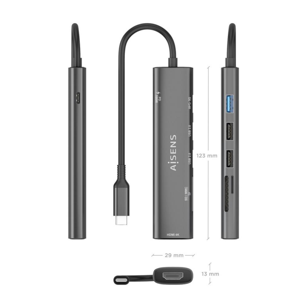 AISENS - USB-C Dock 7 en 1, USB-C A, 1x HDMI, 2x USB-A USB2.0, 1x USB-A USB3.0, 1x USB-C PD 100W, 1x SD, 1x MicroSD, Gris, 15cm