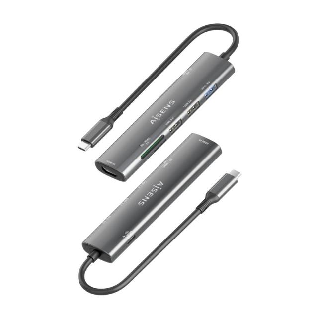 AISENS - USB-C Dock 7 en 1, USB-C A, 1x HDMI, 2x USB-A USB2.0, 1x USB-A USB3.0, 1x USB-C PD 100W, 1x SD, 1x MicroSD, Gris, 15cm