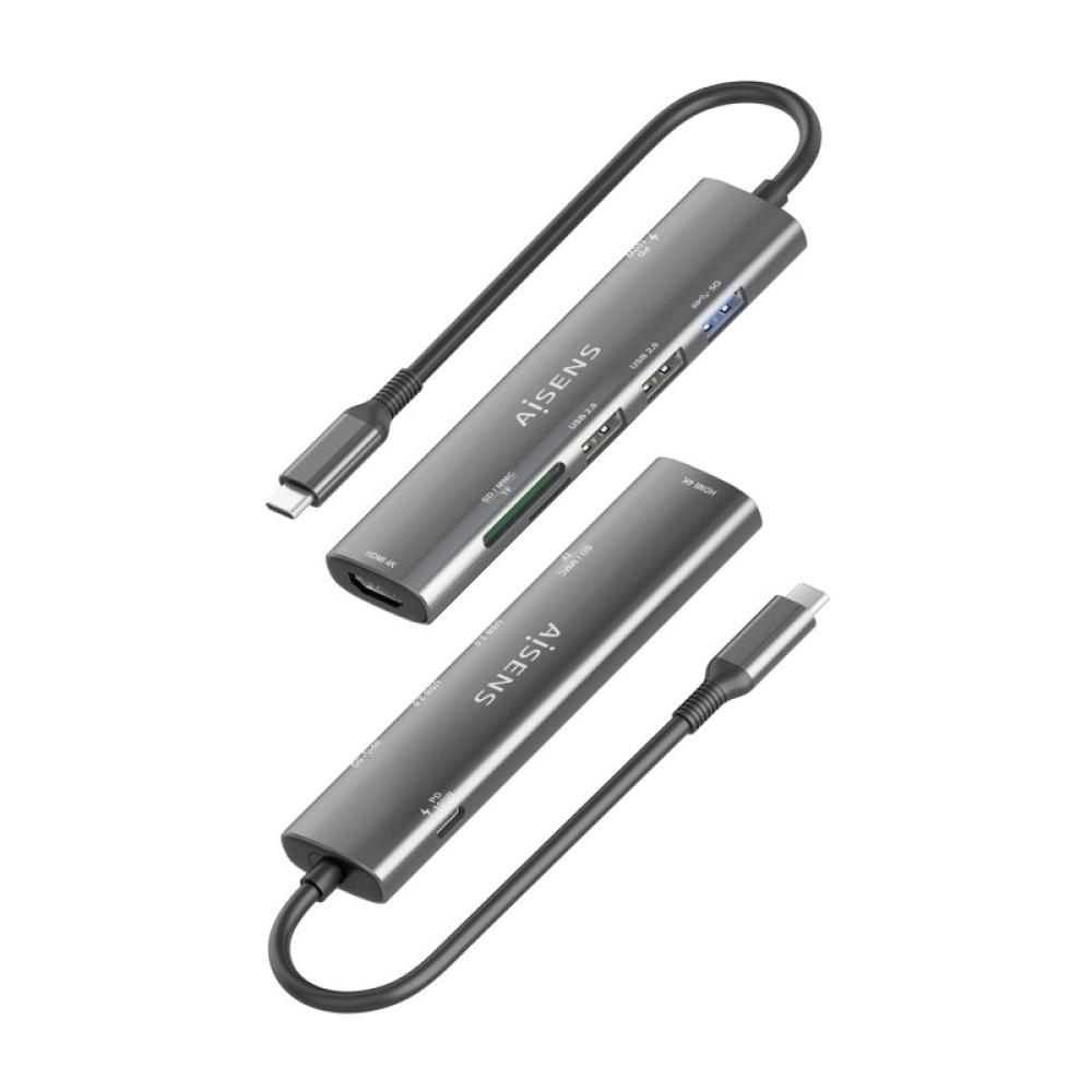 AISENS - USB-C Dock 7 en 1, USB-C A, 1x HDMI, 2x USB-A USB2.0, 1x USB-A USB3.0, 1x USB-C PD 100W, 1x SD, 1x MicroSD, Gris, 15cm