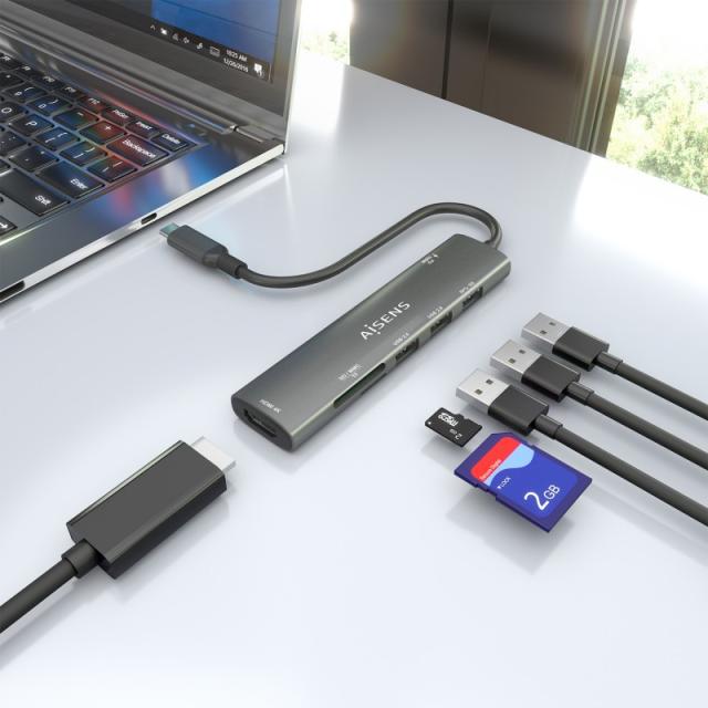 AISENS - USB-C Dock 7 en 1, USB-C A, 1x HDMI, 2x USB-A USB2.0, 1x USB-A USB3.0, 1x USB-C PD 100W, 1x SD, 1x MicroSD, Gris, 15cm
