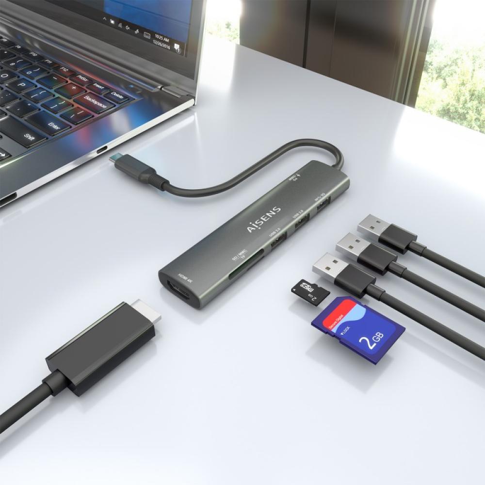 AISENS - USB-C Dock 7 en 1, USB-C A, 1x HDMI, 2x USB-A USB2.0, 1x USB-A USB3.0, 1x USB-C PD 100W, 1x SD, 1x MicroSD, Gris, 15cm