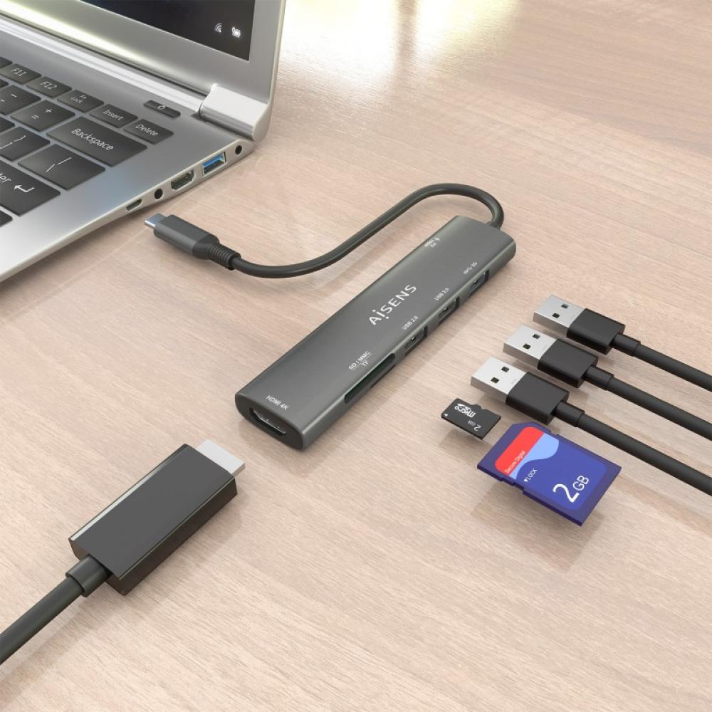AISENS - USB-C Dock 7 en 1, USB-C A, 1x HDMI, 2x USB-A USB2.0, 1x USB-A USB3.0, 1x USB-C PD 100W, 1x SD, 1x MicroSD, Gris, 15cm