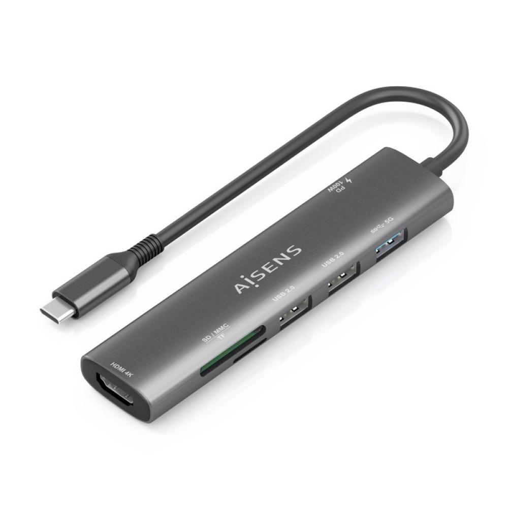 AISENS - USB-C Dock 7 en 1, USB-C A, 1x HDMI, 2x USB-A USB2.0, 1x USB-A USB3.0, 1x USB-C PD 100W, 1x SD, 1x MicroSD, Gris, 15cm