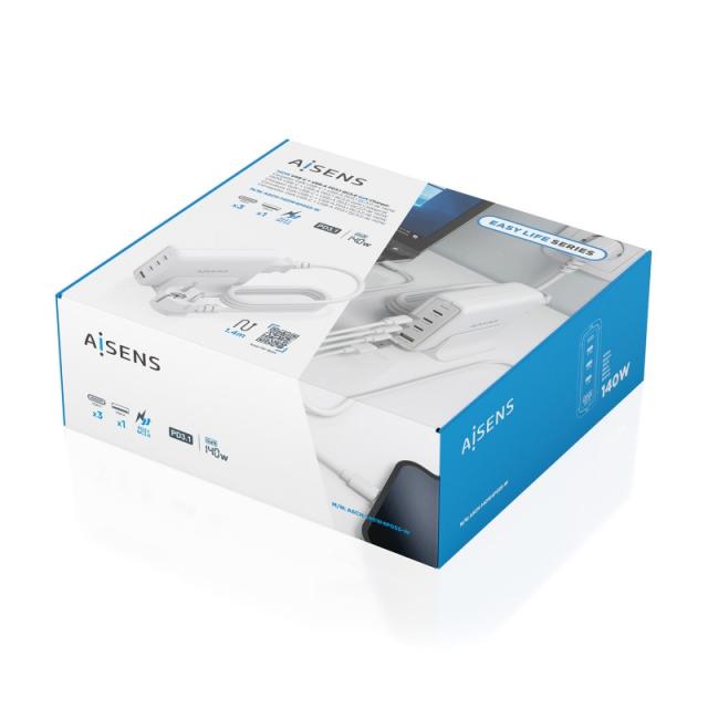 AISENS - Cargador Sobremesa GaN 140W, 3x USB-C PD3.1 QC4.0 QC5.0, 1x USB-A QC3.0, Blanco