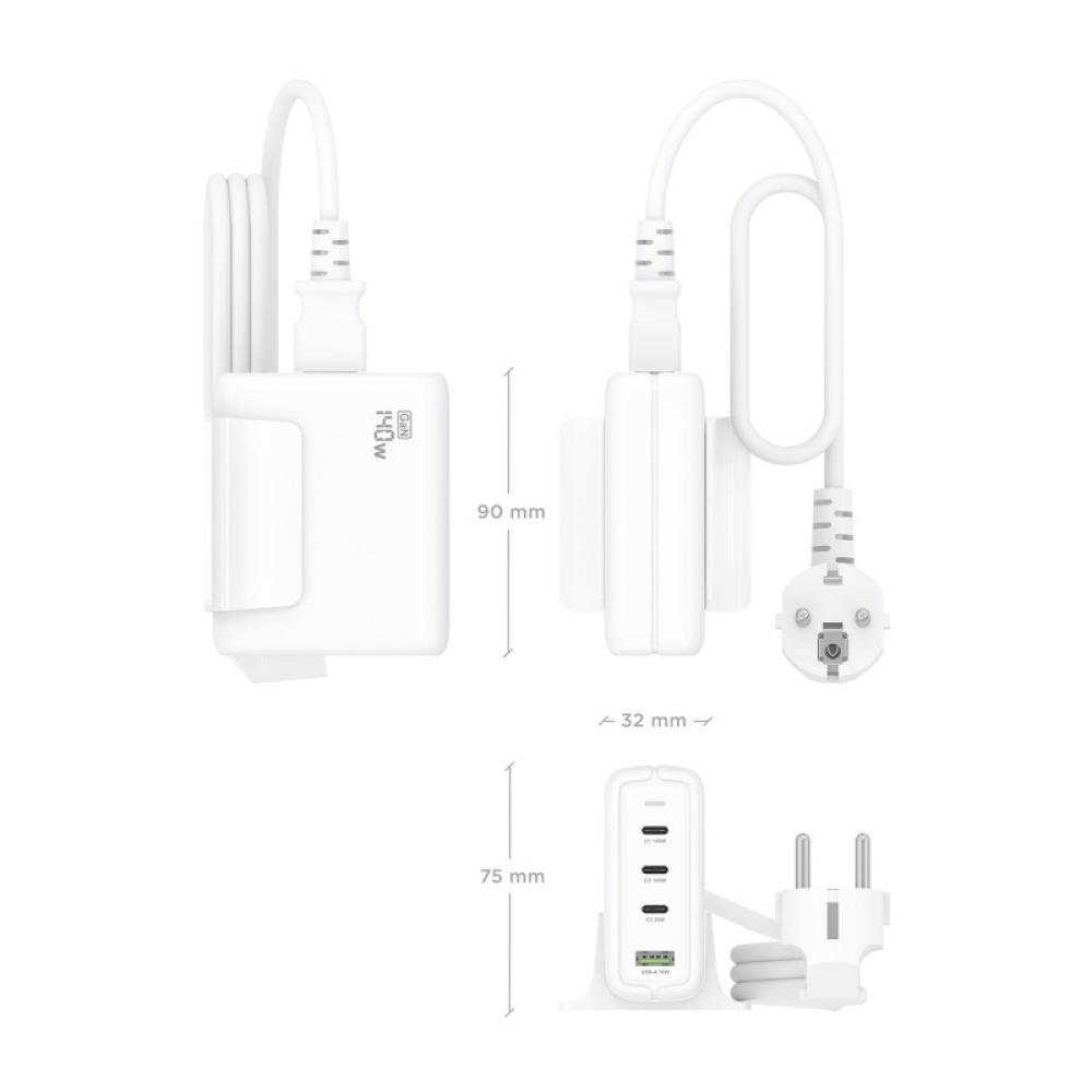 AISENS - Cargador Sobremesa GaN 140W, 3x USB-C PD3.1 QC4.0 QC5.0, 1x USB-A QC3.0, Blanco