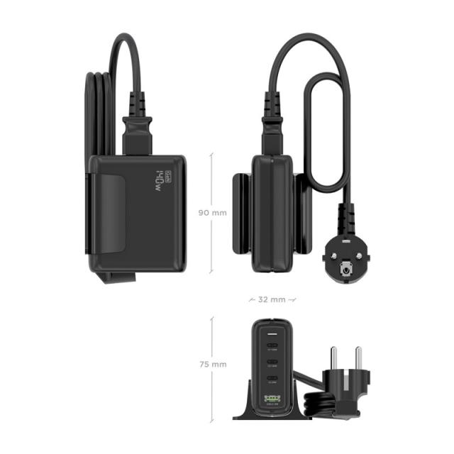 AISENS - Cargador Sobremesa GaN 140W, 3x USB-C PD3.1 QC4.0 QC5.0, 1x USB-A QC3.0, Negro