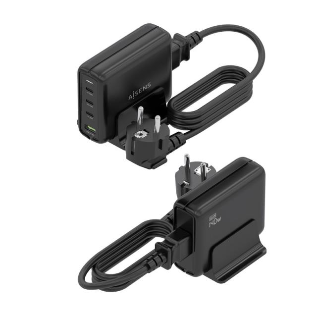 AISENS - Cargador Sobremesa GaN 140W, 3x USB-C PD3.1 QC4.0 QC5.0, 1x USB-A QC3.0, Negro