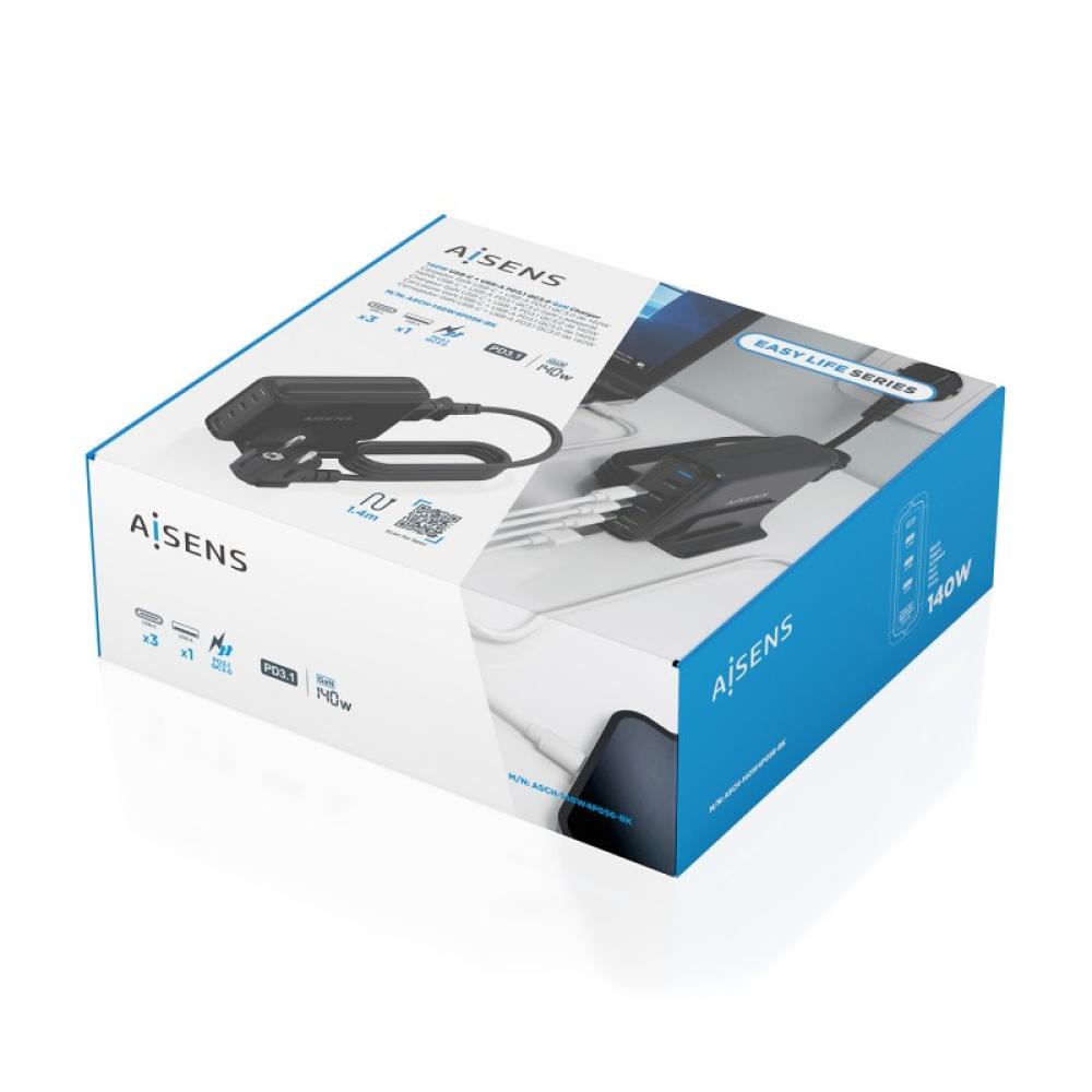 AISENS - Cargador Sobremesa GaN 140W, 3x USB-C PD3.1 QC4.0 QC5.0, 1x USB-A QC3.0, Negro