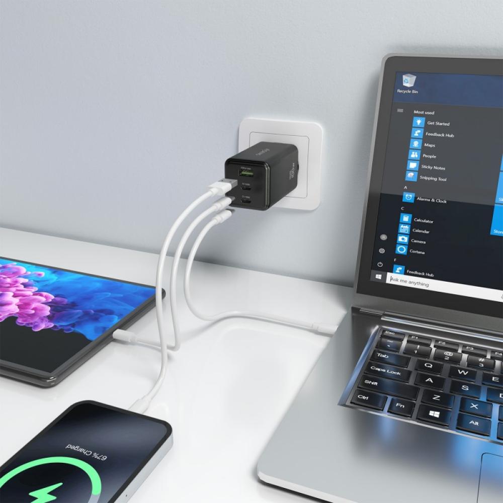 AISENS - Cargador GaN 100W, 2x USB-C PD3.0 QC4.0 QC5.0, 1x USB-A QC3.0, Negro