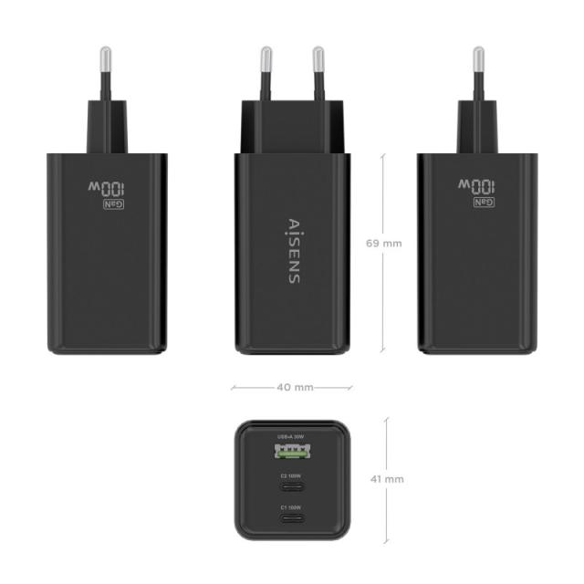 AISENS - Cargador GaN 100W, 2x USB-C PD3.0 QC4.0 QC5.0, 1x USB-A QC3.0, Negro