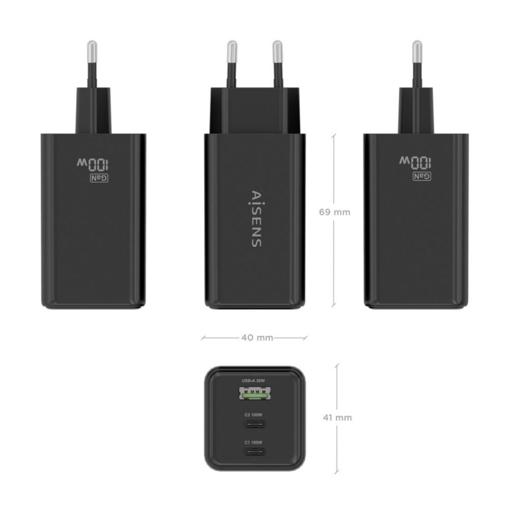 AISENS - Cargador GaN 100W, 2x USB-C PD3.0 QC4.0 QC5.0, 1x USB-A QC3.0, Negro