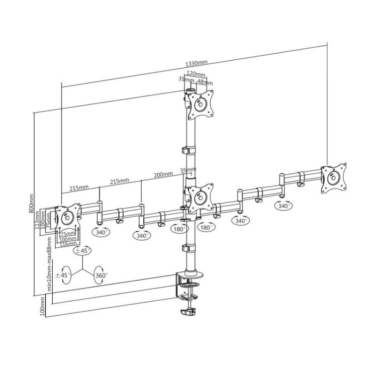 AISENS - Soporte de Mesa Eco Giratorio e Inclinable para 4 Monitores 8kg (4 Pivotes, 2 Brazos) de 13"-27", Negro