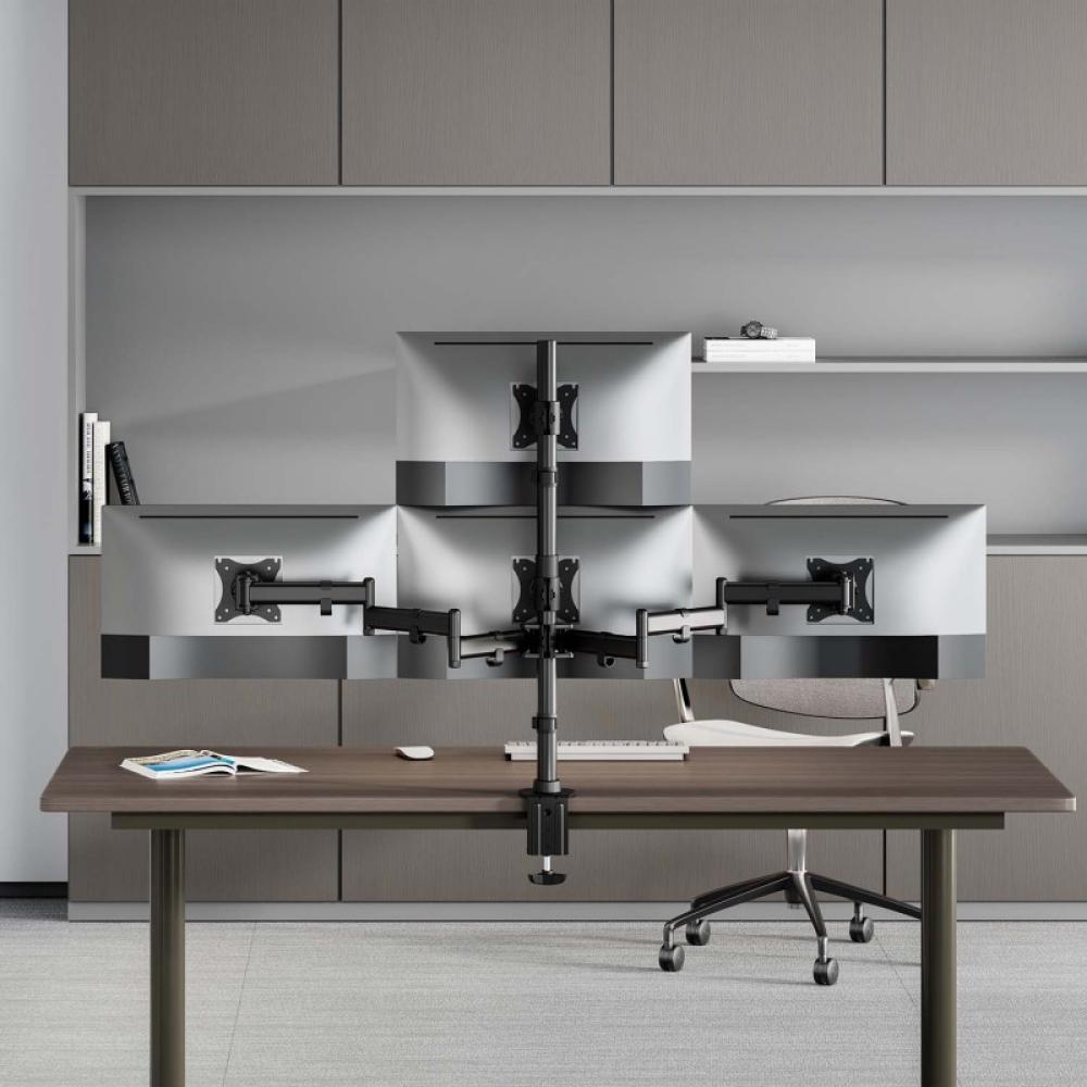 AISENS - Soporte de Mesa Eco Giratorio e Inclinable para 4 Monitores 8kg (4 Pivotes, 2 Brazos) de 13"-27", Negro