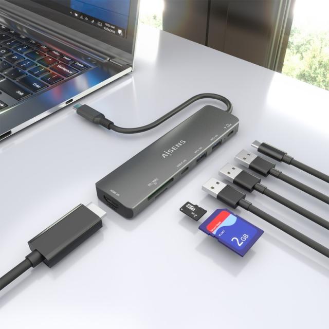AISENS - USB-C Dock 7 en 1, USB-C A, 1x HDMI, 2x USB-A, 1x USB-C, 1x USB-C PD 100W, 1x SD, 1x MicroSD, Gris, 15cm