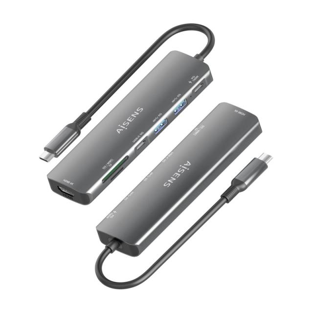 AISENS - USB-C Dock 7 en 1, USB-C A, 1x HDMI, 2x USB-A, 1x USB-C, 1x USB-C PD 100W, 1x SD, 1x MicroSD, Gris, 15cm
