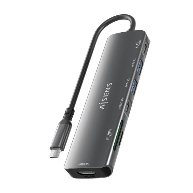 AISENS - USB-C Dock 7 en 1, USB-C A, 1x HDMI, 2x USB-A, 1x USB-C, 1x USB-C PD 100W, 1x SD, 1x MicroSD, Gris, 15cm