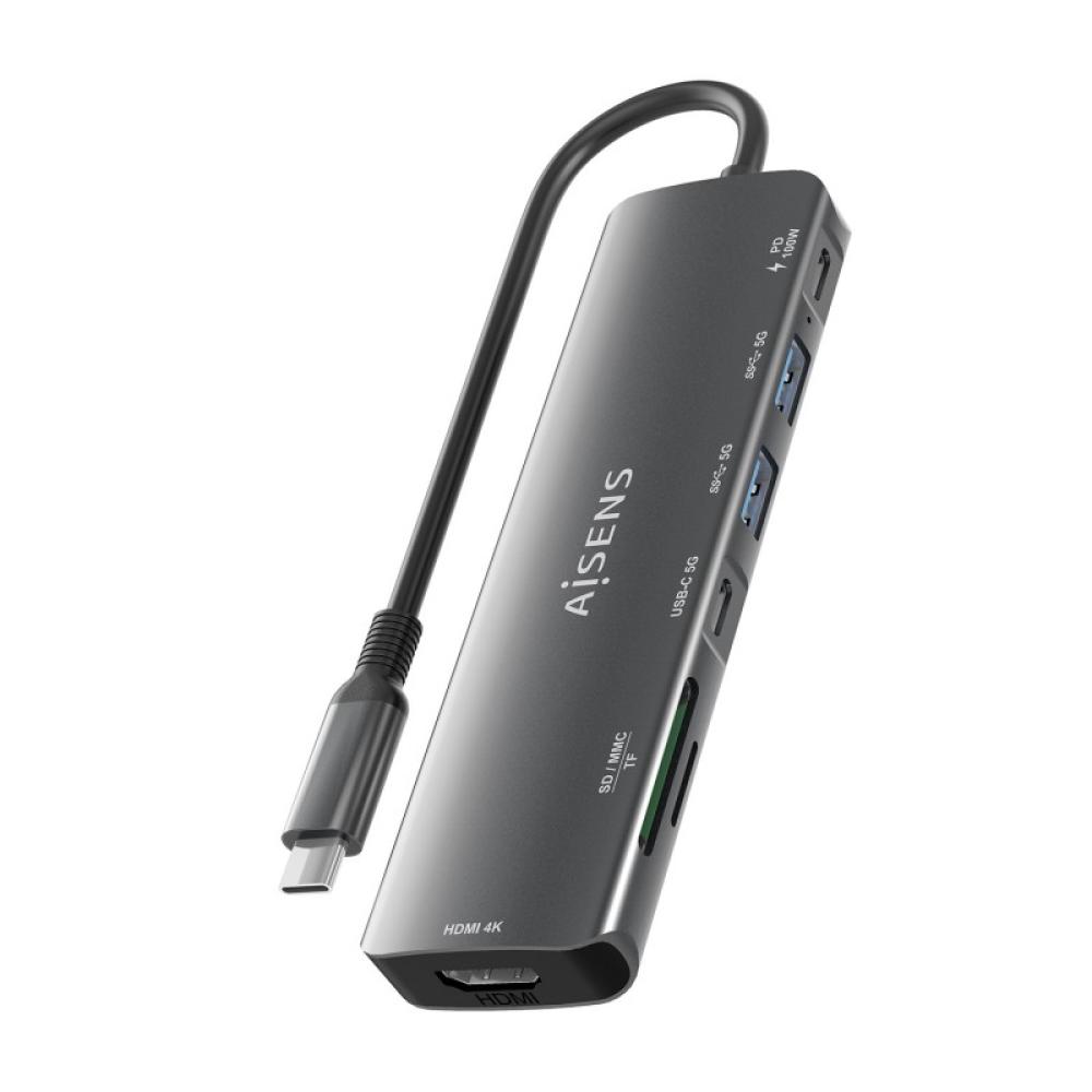 AISENS - USB-C Dock 7 en 1, USB-C A, 1x HDMI, 2x USB-A, 1x USB-C, 1x USB-C PD 100W, 1x SD, 1x MicroSD, Gris, 15cm