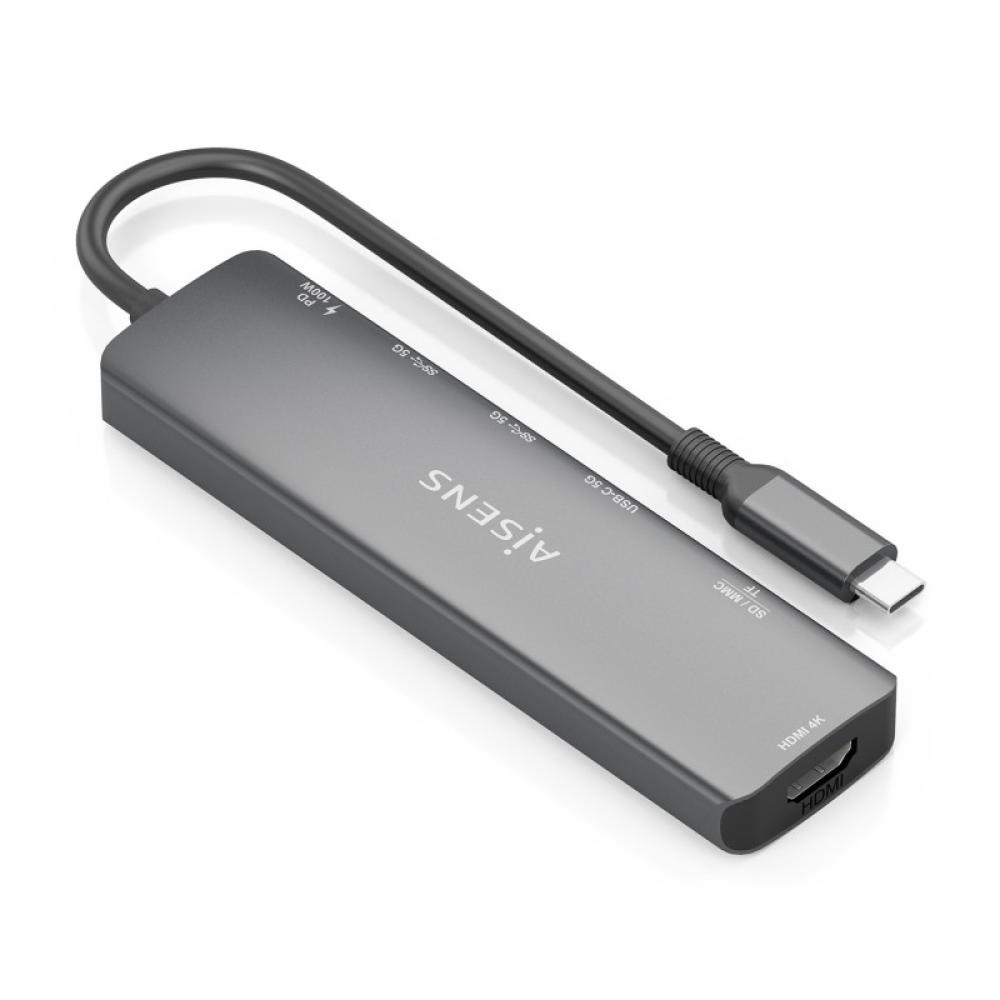 AISENS - USB-C Dock 7 en 1, USB-C A, 1x HDMI, 2x USB-A, 1x USB-C, 1x USB-C PD 100W, 1x SD, 1x MicroSD, Gris, 15cm