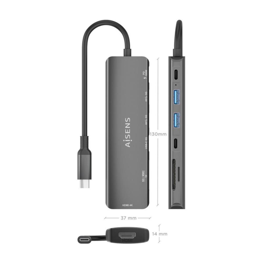 AISENS - USB-C Dock 7 en 1, USB-C A, 1x HDMI, 2x USB-A, 1x USB-C, 1x USB-C PD 100W, 1x SD, 1x MicroSD, Gris, 15cm