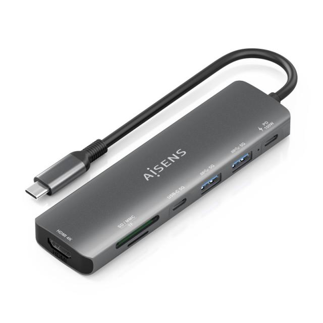 AISENS - USB-C Dock 7 en 1, USB-C A, 1x HDMI, 2x USB-A, 1x USB-C, 1x USB-C PD 100W, 1x SD, 1x MicroSD, Gris, 15cm