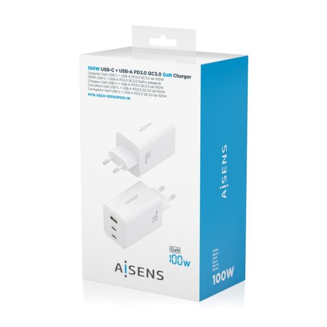 AISENS - Cargador GaN 100W, 2x USB-C PD3.0 QC4.0 QC5.0, 1x USB-A QC3.0, Blanco