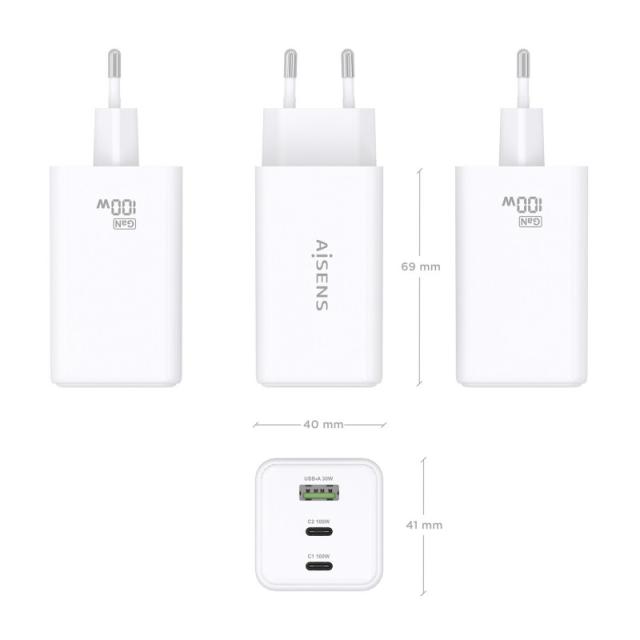 AISENS - Cargador GaN 100W, 2x USB-C PD3.0 QC4.0 QC5.0, 1x USB-A QC3.0, Blanco
