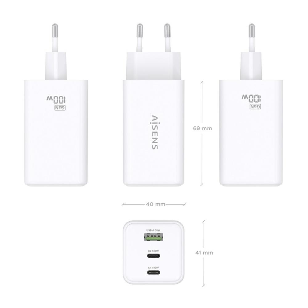 AISENS - Cargador GaN 100W, 2x USB-C PD3.0 QC4.0 QC5.0, 1x USB-A QC3.0, Blanco