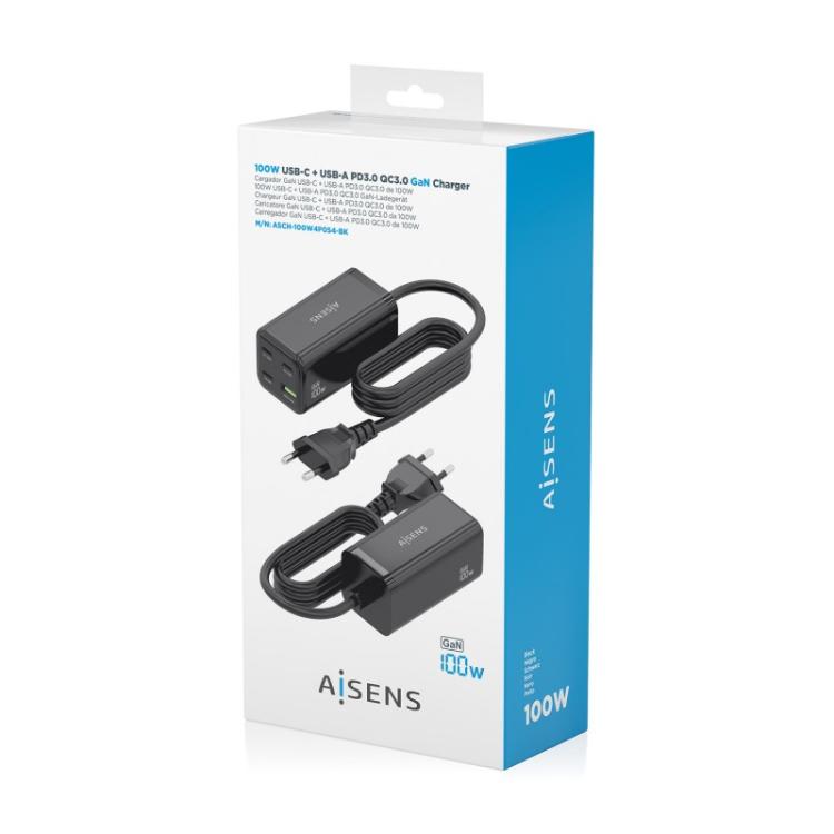 AISENS - Cargador Sobremesa GaN 100W, 3x USB-C PD3.0 QC4.0 QC5.0, 1x USB-A QC3.0, Negro