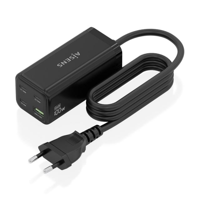 AISENS - Cargador Sobremesa GaN 100W, 3x USB-C PD3.0 QC4.0 QC5.0, 1x USB-A QC3.0, Negro