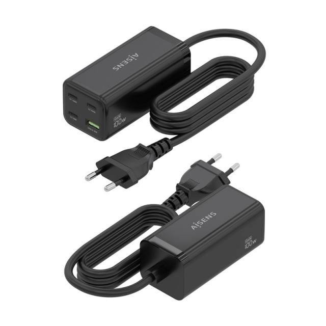 AISENS - Cargador Sobremesa GaN 100W, 3x USB-C PD3.0 QC4.0 QC5.0, 1x USB-A QC3.0, Negro