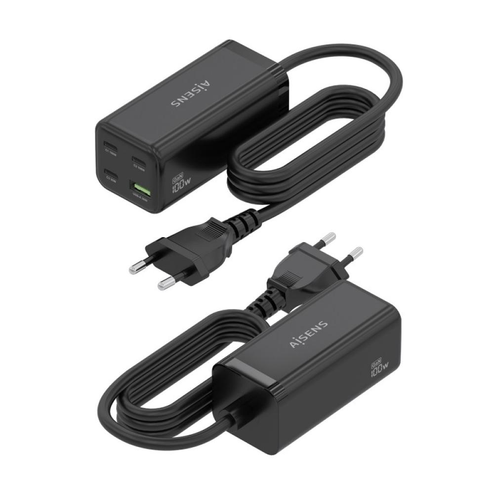 AISENS - Cargador Sobremesa GaN 100W, 3x USB-C PD3.0 QC4.0 QC5.0, 1x USB-A QC3.0, Negro