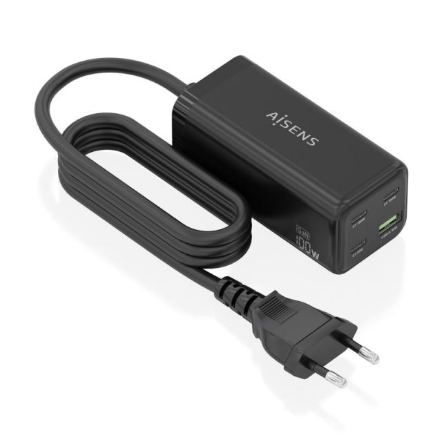 AISENS - Cargador Sobremesa GaN 100W, 3x USB-C PD3.0 QC4.0 QC5.0, 1x USB-A QC3.0, Negro