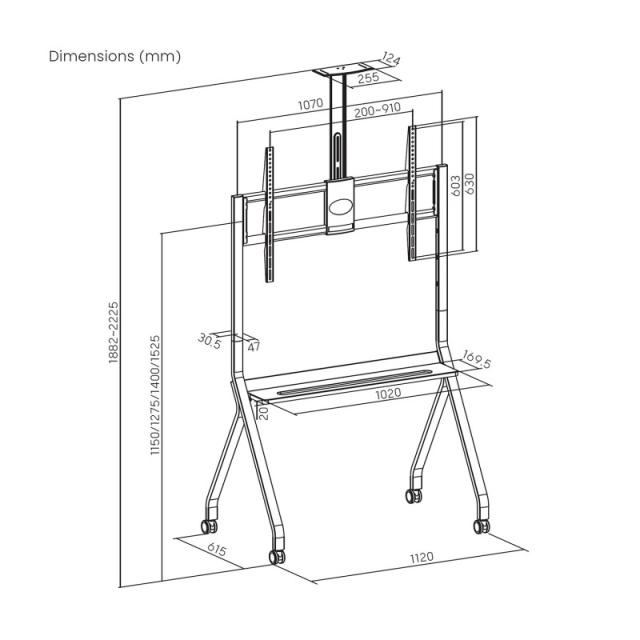 AISENS - Soporte de Suelo Pro Con Rueda, 1 Bandeja Y Soporte de Camara Para Pantalla Interactiva/TV 120kg de 55"-100", Negro