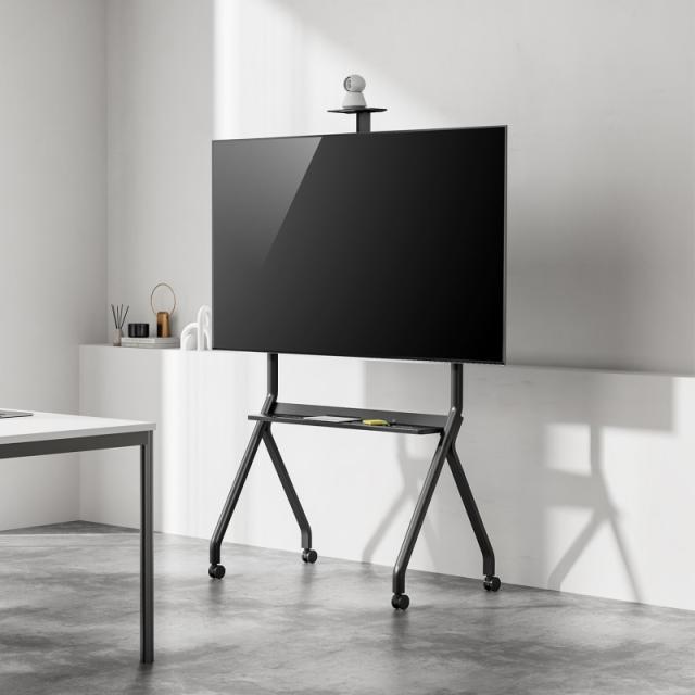 AISENS - Soporte de Suelo Pro Con Rueda, 1 Bandeja Y Soporte de Camara Para Pantalla Interactiva/TV 120kg de 55"-100", Negro