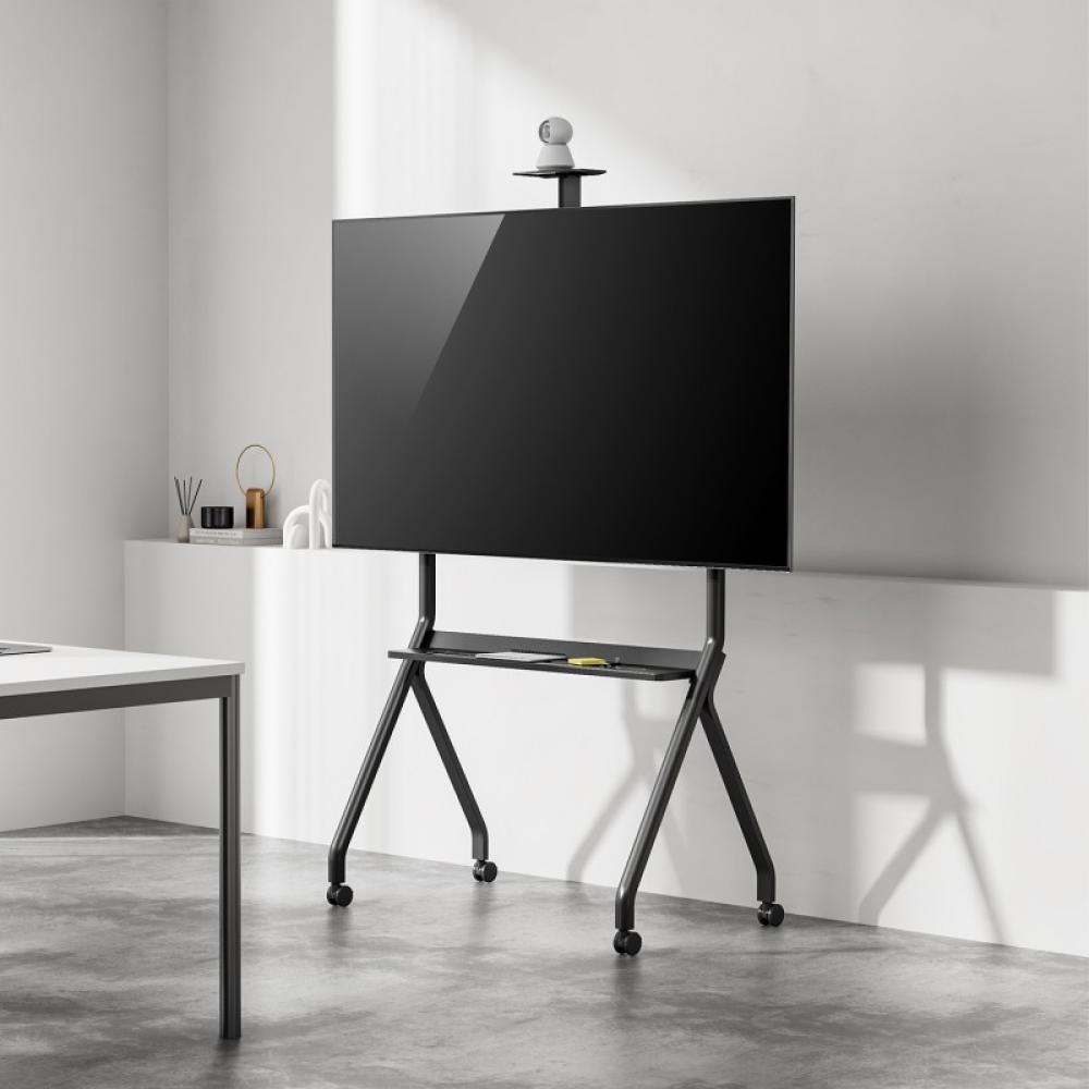AISENS - Soporte de Suelo Pro Con Rueda, 1 Bandeja Y Soporte de Camara Para Pantalla Interactiva/TV 120kg de 55"-100", Negro